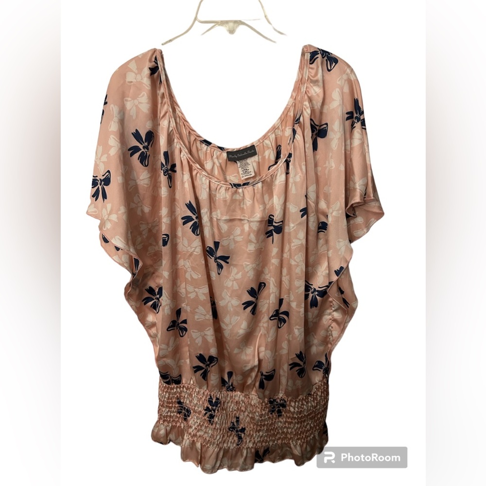 Plus by Gabriele Rocha Pink and Blue Ribbon Print Shirred Bottom Blouse Sz 3X